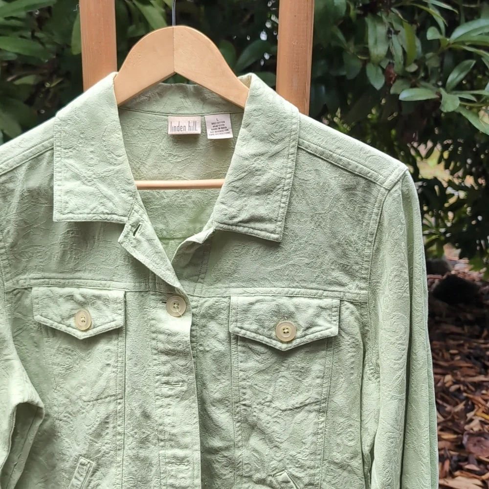 Vintage Green Button Down Jacket / Coat Paisley Embossed Fabric - Picture 3 of 5
